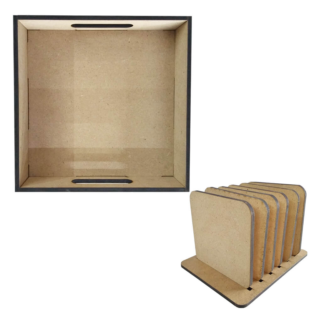  MDF Square Tray and Square Tea Coasters with Stand 1 Set